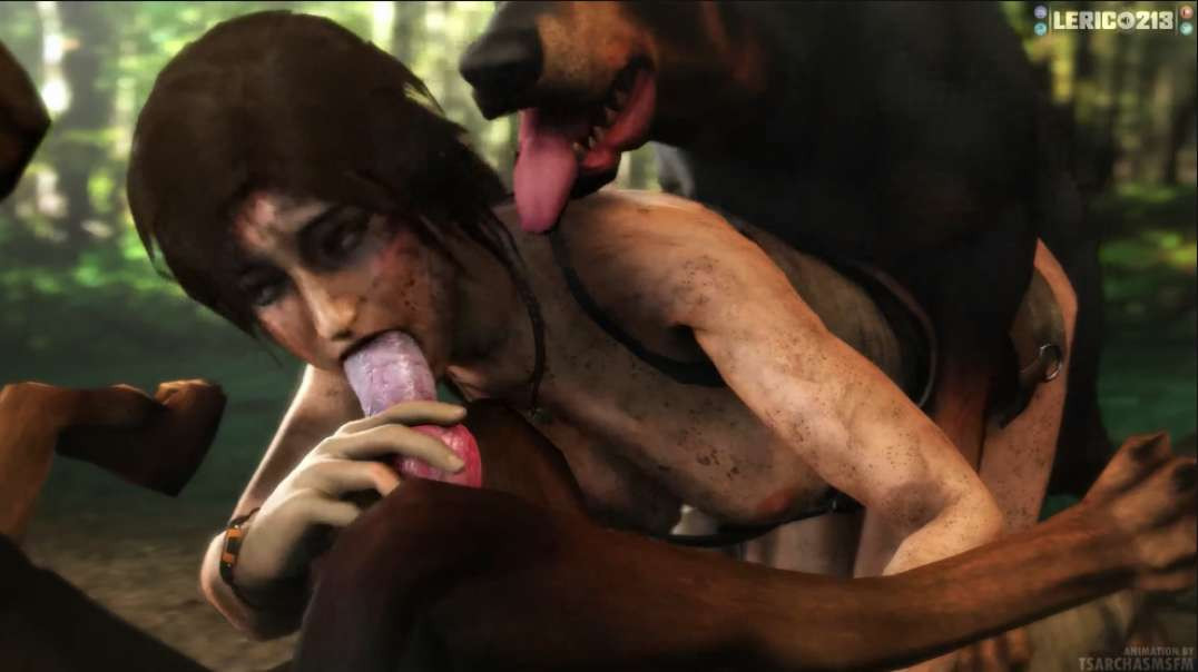 Lara Croft Threesome with Dogs