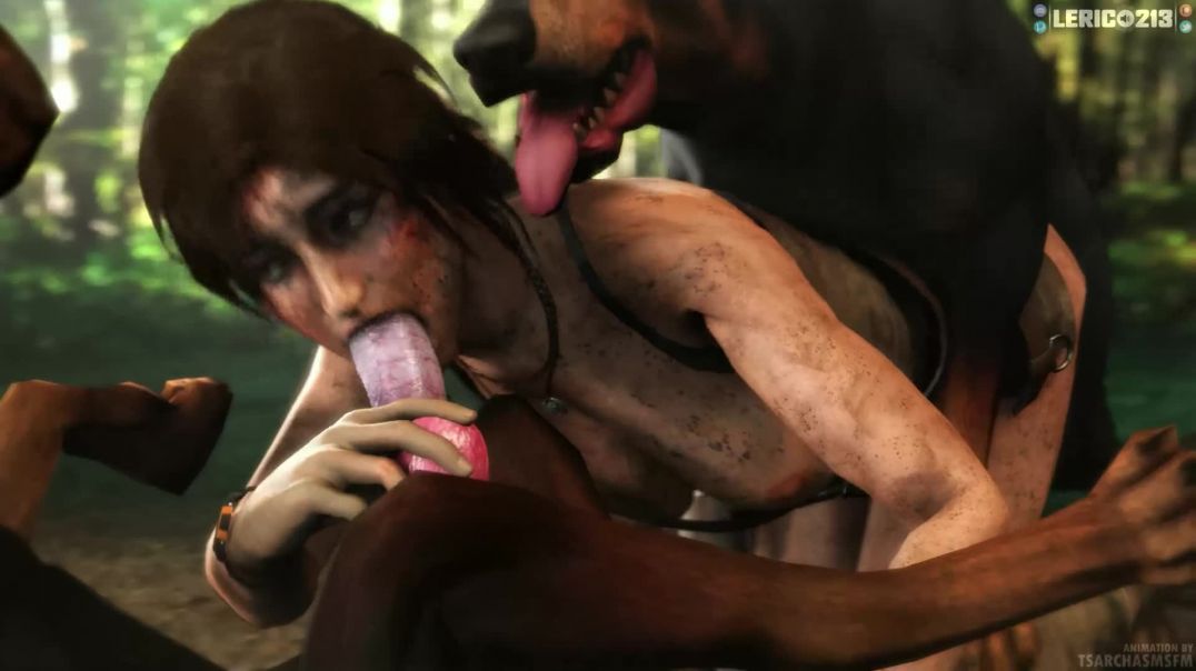 Lara Croft Threesome with Dogs