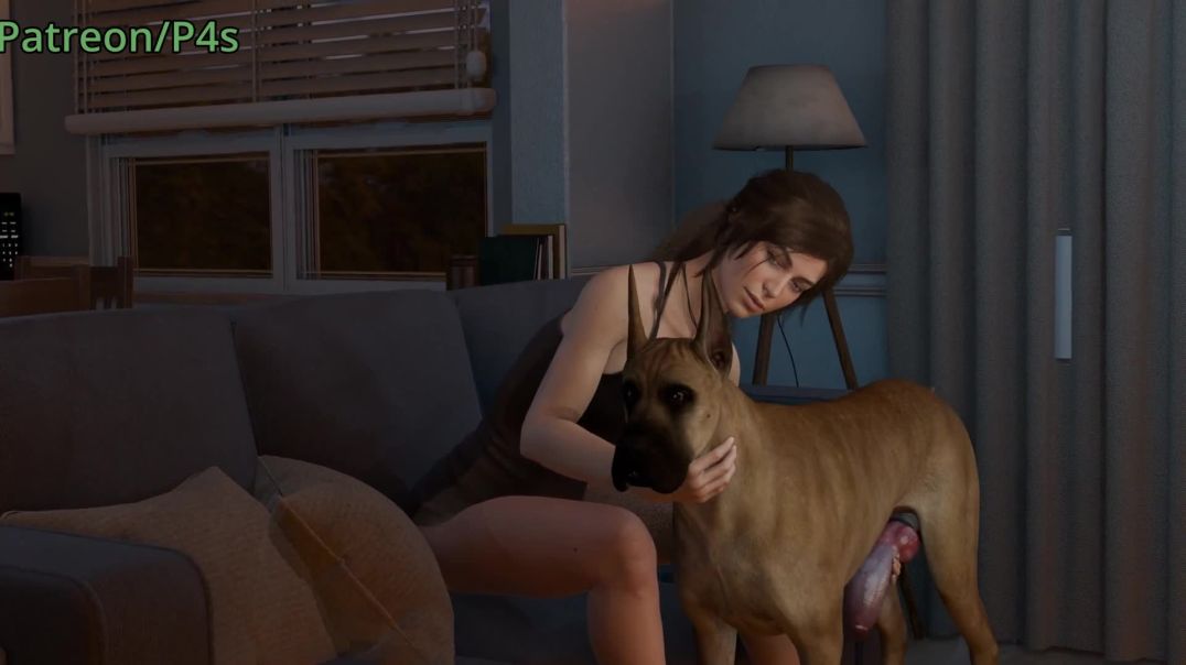 ⁣animation of a woman playing at home with her dog